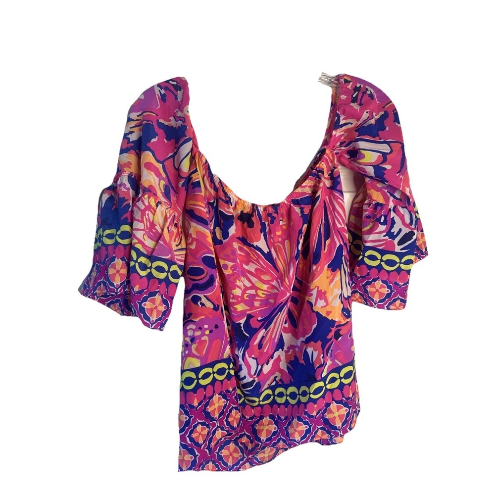 Lily Pulitzer Blouse Pink Off Shoulder 100% Silk Coastal Beachy Tunic Top XS
